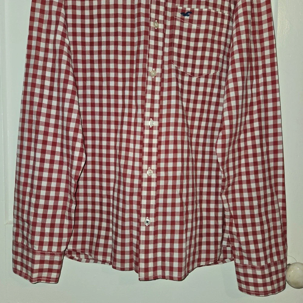 Hollister Mens XL Red White Gingham Button Down Long Sleeve Shirt Seagull Logo - Picture 4 of 7